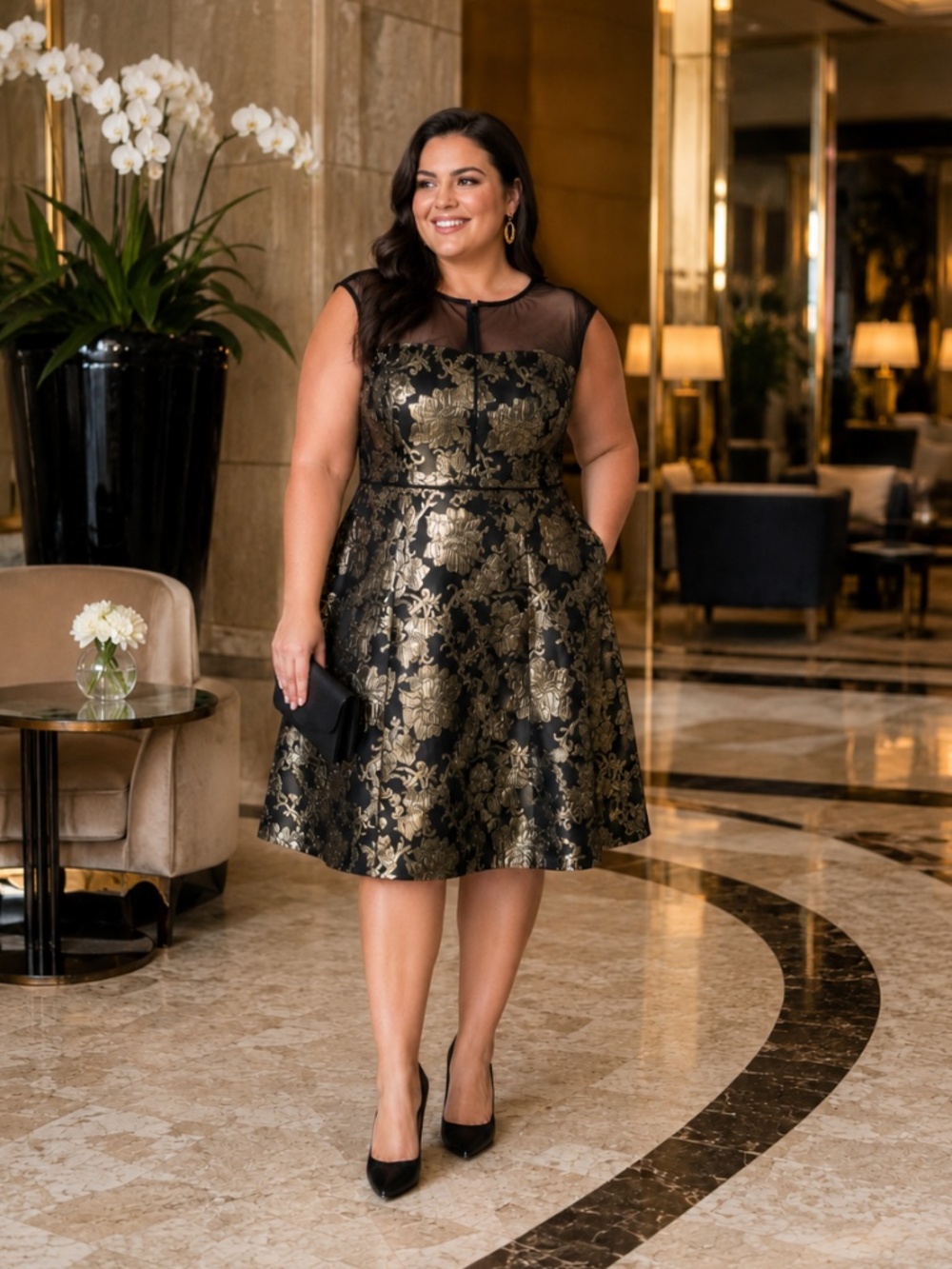 Adrianna Papell Gold Floral Fit & Flare Cocktail Dress Black Gold Dress